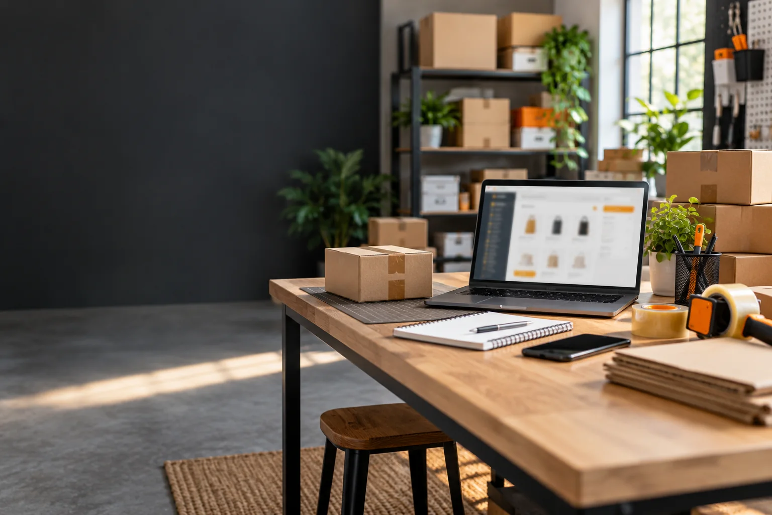 Illustrative e-commerce seller preparing online listings and orders