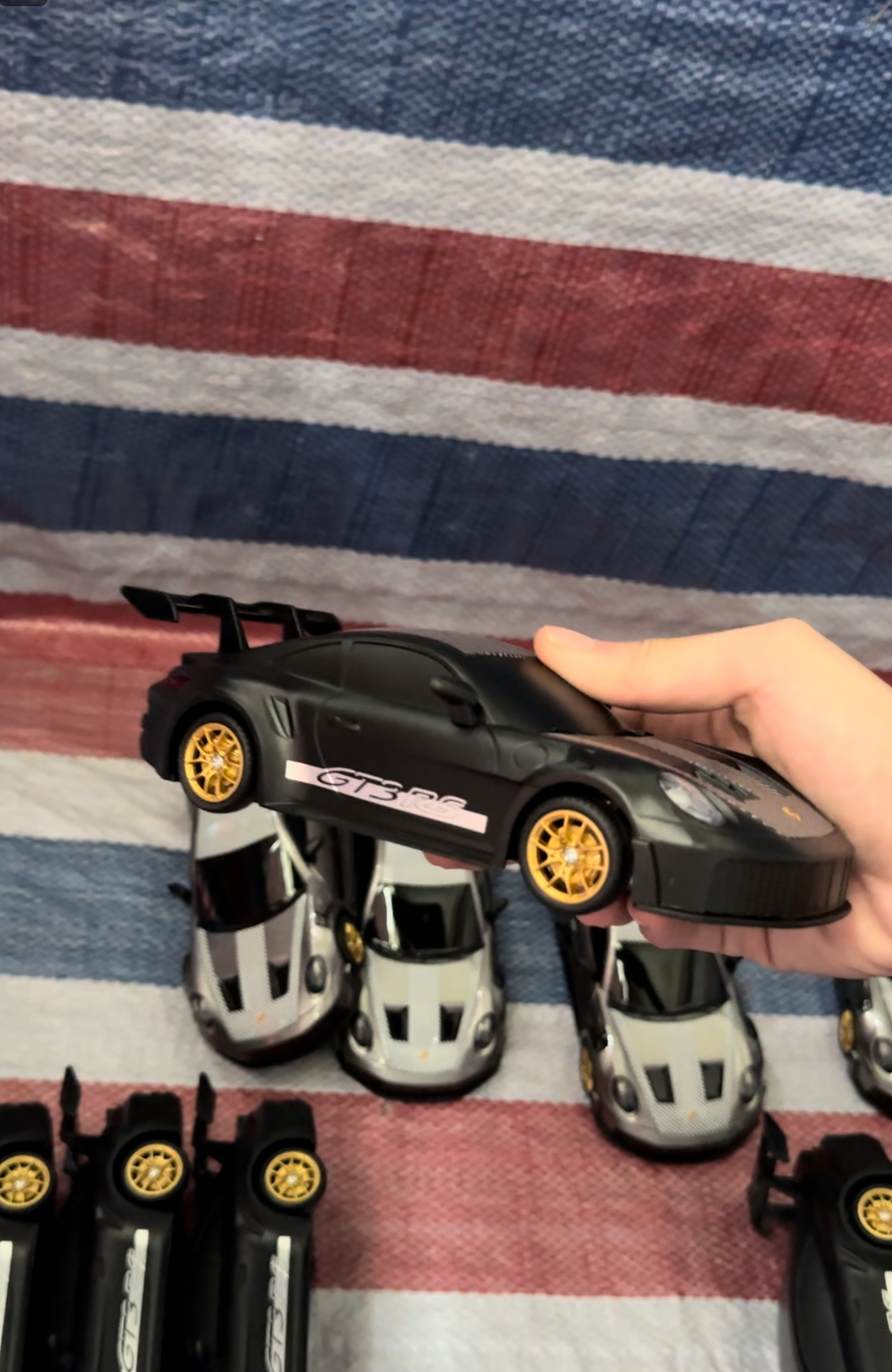 Custom RC car model with gold wheels