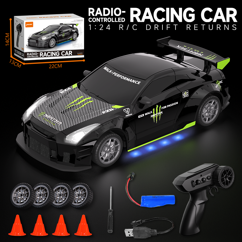Black 1:24 RC drift sports car with controller and accessories